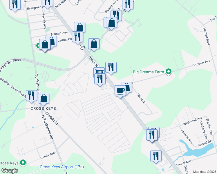 map of restaurants, bars, coffee shops, grocery stores, and more near 2021 North Black Horse Pike in Monroe