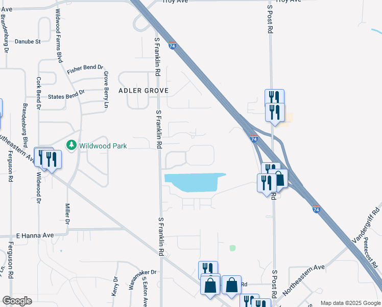 map of restaurants, bars, coffee shops, grocery stores, and more near 8525 Faywood Drive in Indianapolis