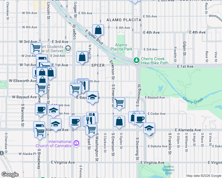 map of restaurants, bars, coffee shops, grocery stores, and more near 66 South Clarkson Street in Denver