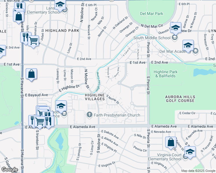 map of restaurants, bars, coffee shops, grocery stores, and more near 19 Oakland Street in Aurora
