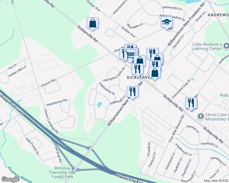 map of restaurants, bars, coffee shops, grocery stores, and more near 20 Hathaway Drive in Winslow Township
