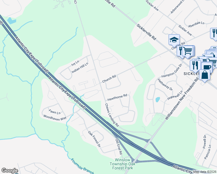 map of restaurants, bars, coffee shops, grocery stores, and more near 28 Heather Drive in Winslow Township