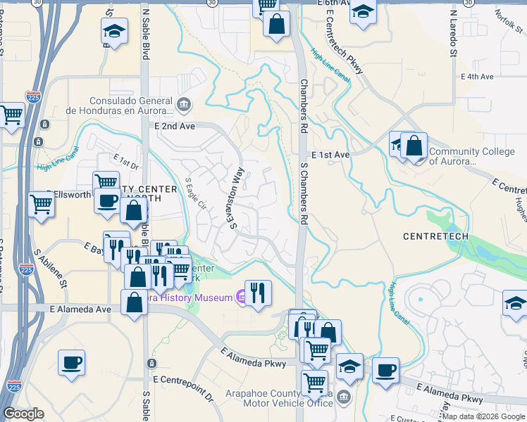 map of restaurants, bars, coffee shops, grocery stores, and more near 15101 East Archer Place in Aurora