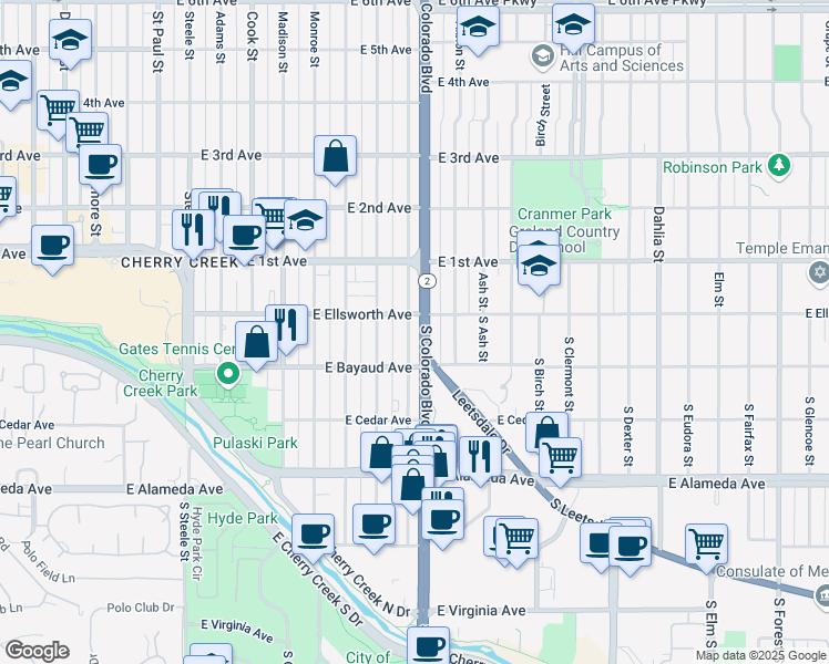 map of restaurants, bars, coffee shops, grocery stores, and more near 33 South Harrison Street in Denver