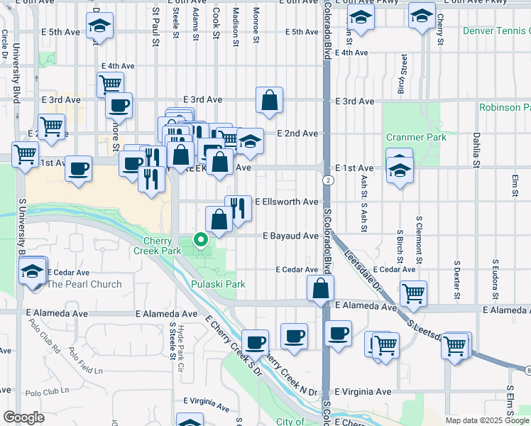 map of restaurants, bars, coffee shops, grocery stores, and more near 6 South Monroe Street in Denver