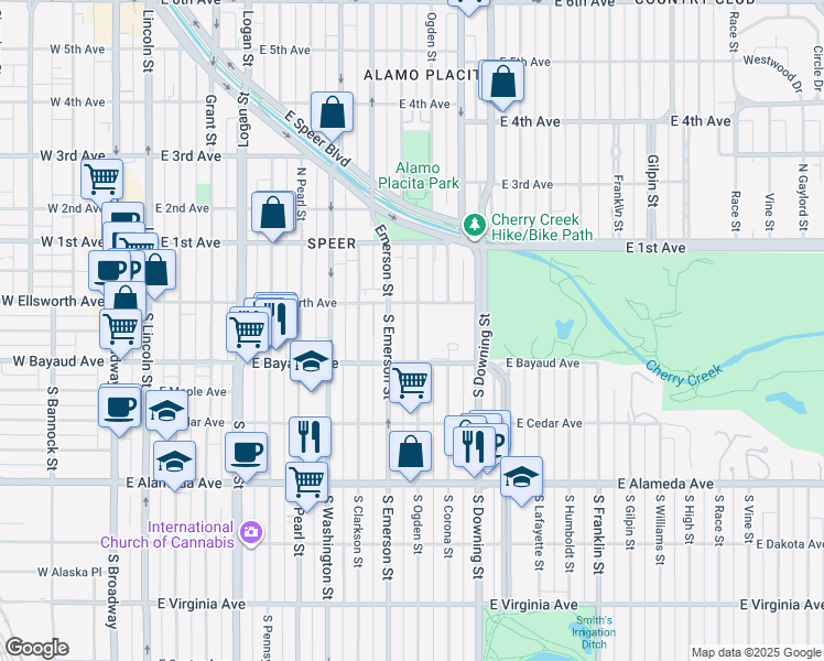map of restaurants, bars, coffee shops, grocery stores, and more near 51 South Ogden Street in Denver
