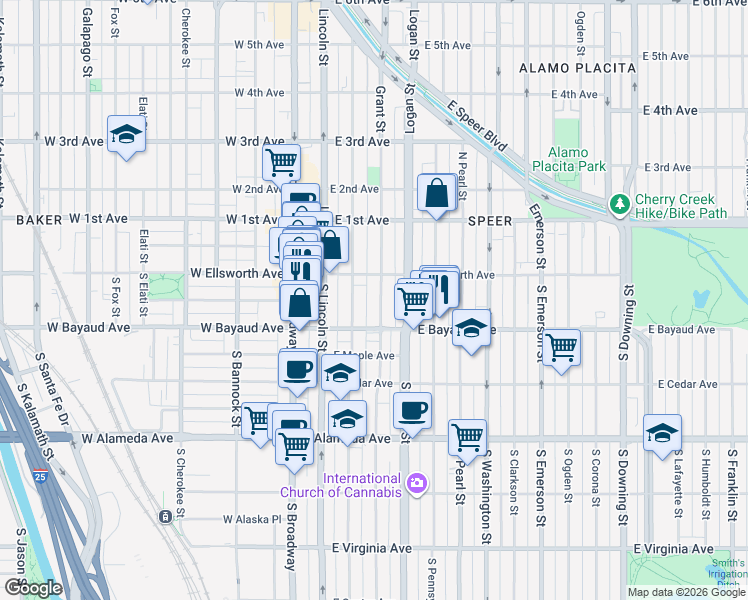 map of restaurants, bars, coffee shops, grocery stores, and more near 56 South Grant Street in Denver