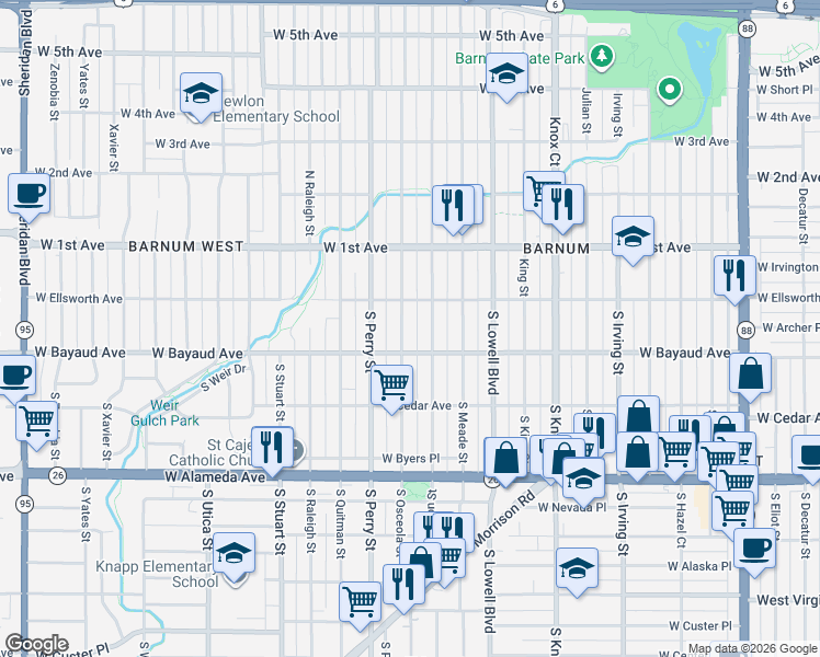 map of restaurants, bars, coffee shops, grocery stores, and more near 51 South Newton Street in Denver