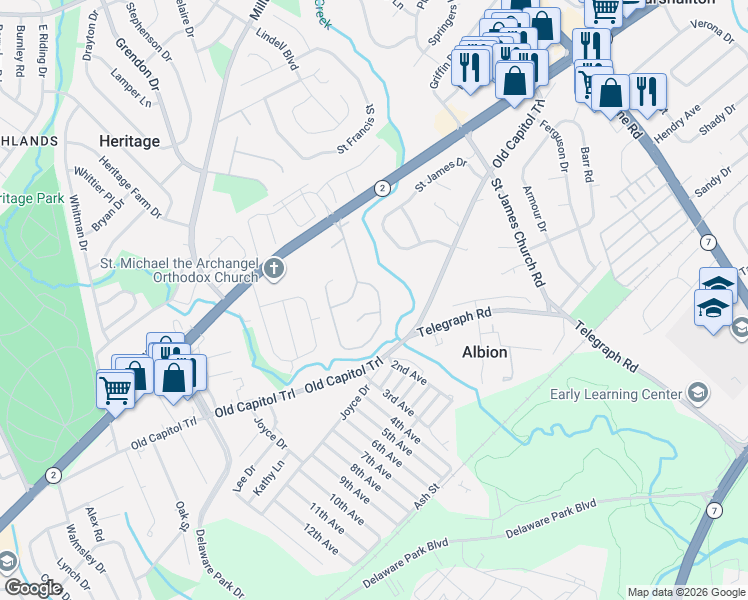 map of restaurants, bars, coffee shops, grocery stores, and more near 7 Leon Court in Wilmington