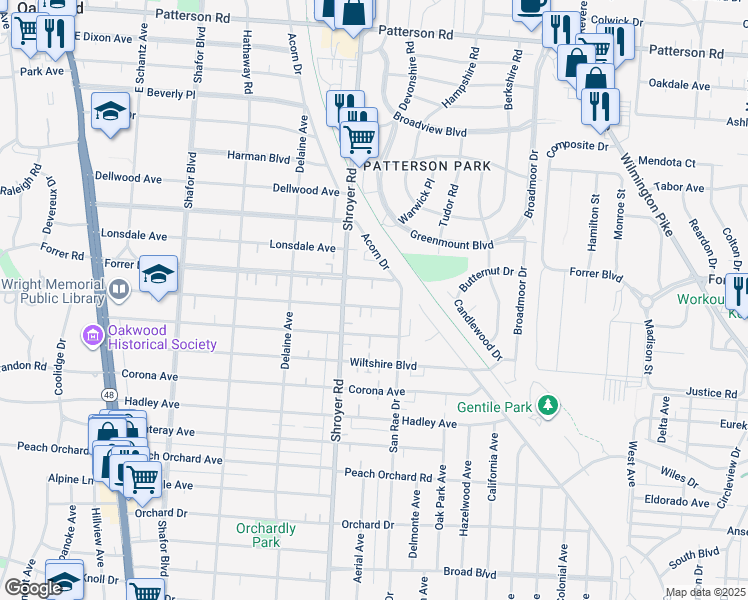 map of restaurants, bars, coffee shops, grocery stores, and more near 527 Aberdeen Avenue in Dayton