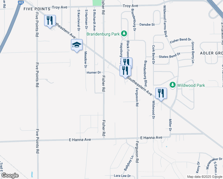 map of restaurants, bars, coffee shops, grocery stores, and more near 3546 Horner Drive in Indianapolis