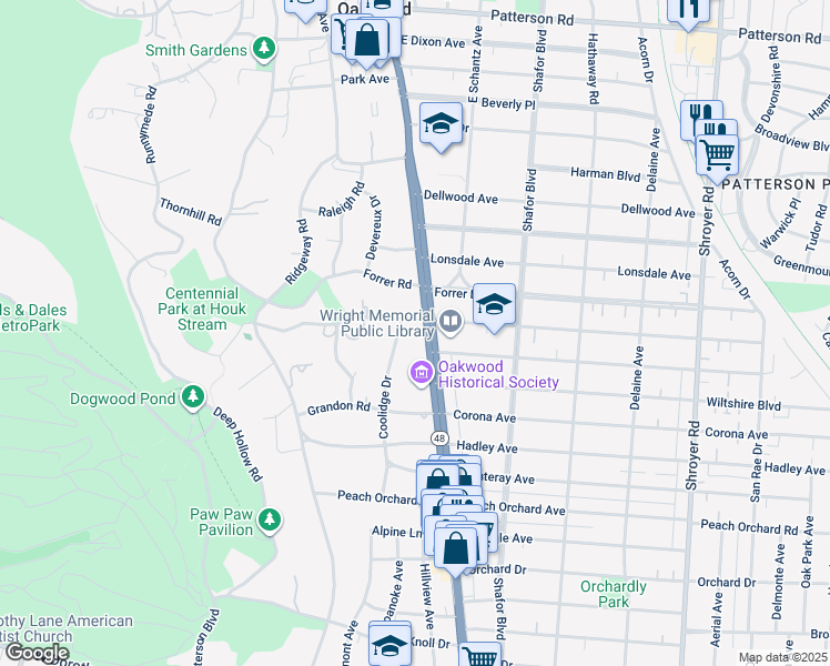 map of restaurants, bars, coffee shops, grocery stores, and more near 1701 Far Hills Avenue in Dayton
