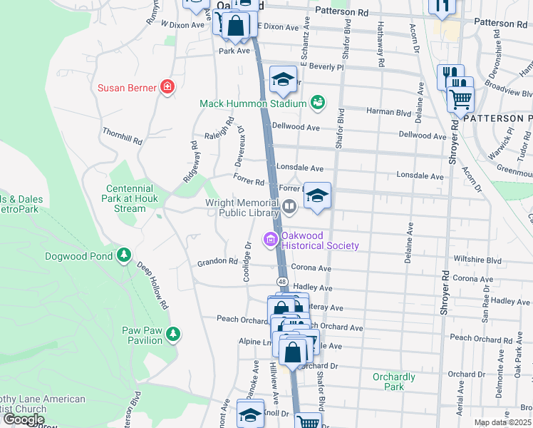 map of restaurants, bars, coffee shops, grocery stores, and more near 1701 Far Hills Avenue in Dayton