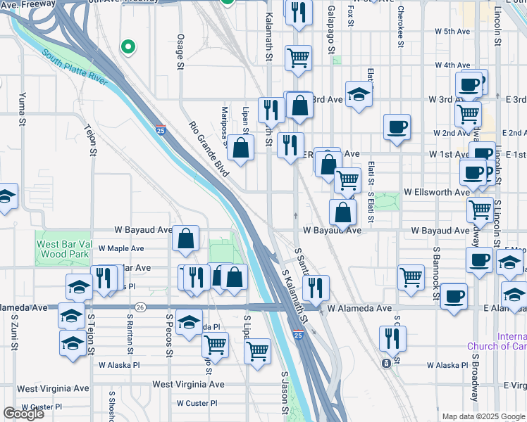 map of restaurants, bars, coffee shops, grocery stores, and more near 39 South Kalamath Street in Denver