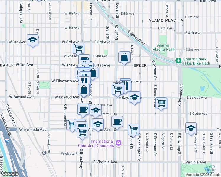 map of restaurants, bars, coffee shops, grocery stores, and more near 56 South Grant Street in Denver