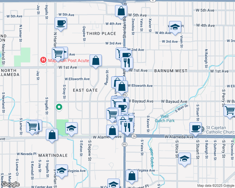 map of restaurants, bars, coffee shops, grocery stores, and more near 85 South Sheridan Boulevard in Lakewood