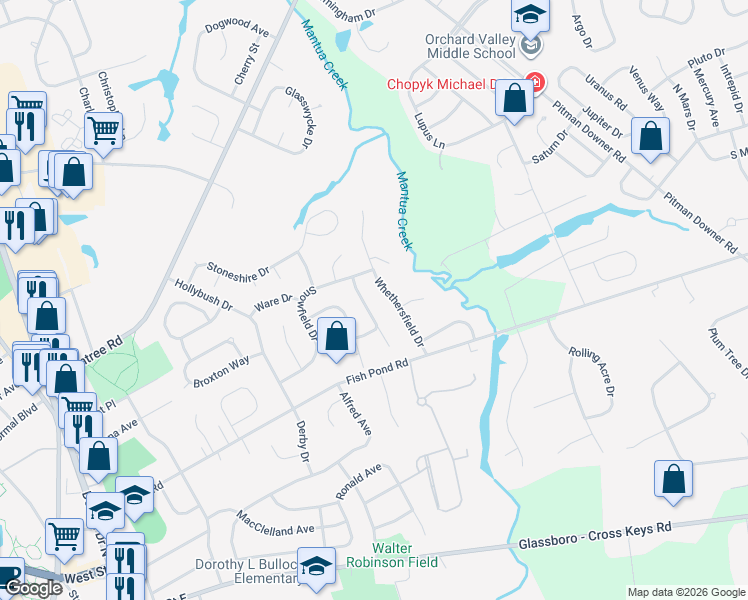 map of restaurants, bars, coffee shops, grocery stores, and more near 36 Hayslope Court in Glassboro