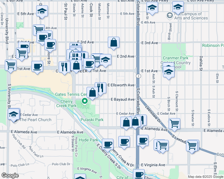 map of restaurants, bars, coffee shops, grocery stores, and more near 6 South Monroe Street in Denver