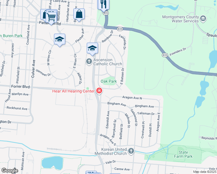 map of restaurants, bars, coffee shops, grocery stores, and more near 2155 West Bataan Drive in Dayton