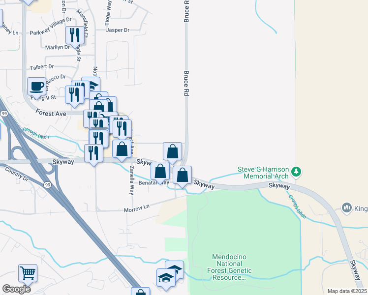 map of restaurants, bars, coffee shops, grocery stores, and more near Bruce Street in Chico
