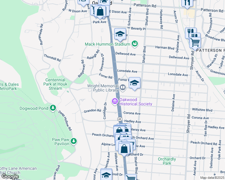 map of restaurants, bars, coffee shops, grocery stores, and more near 1701 Far Hills Avenue in Dayton