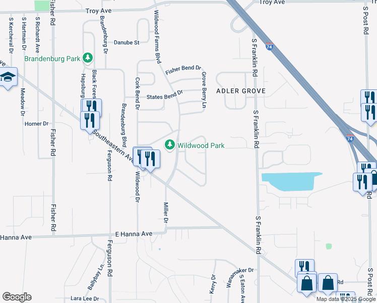 map of restaurants, bars, coffee shops, grocery stores, and more near 3633 Laurel Cherry Lane in Indianapolis