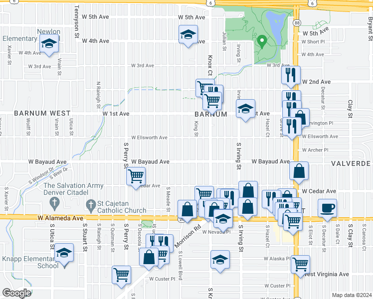 map of restaurants, bars, coffee shops, grocery stores, and more near 40 South Lowell Boulevard in Denver