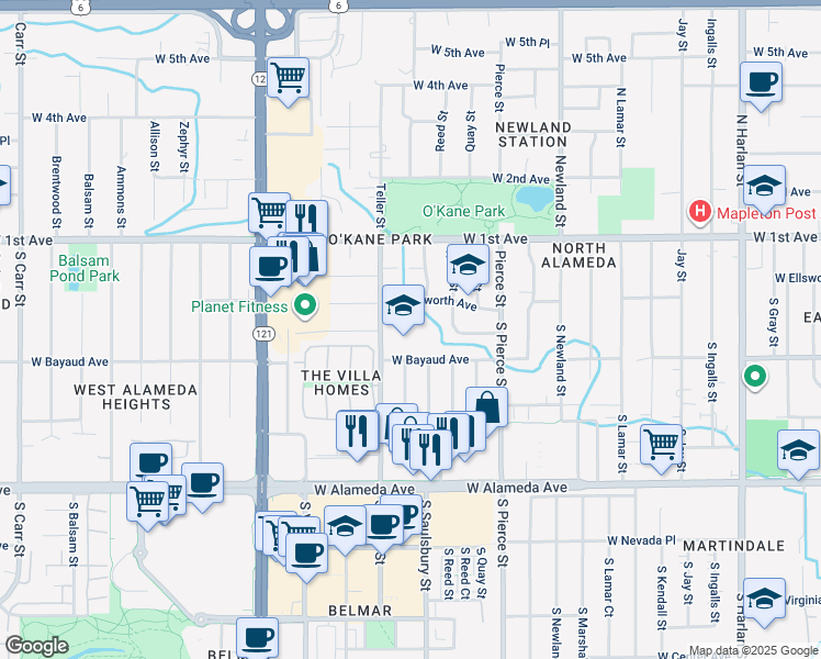 map of restaurants, bars, coffee shops, grocery stores, and more near 80 South Teller Street in Lakewood