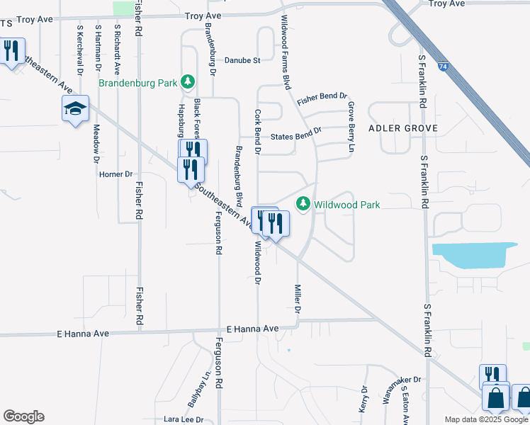 map of restaurants, bars, coffee shops, grocery stores, and more near 3619 Cork Bend Drive in Indianapolis