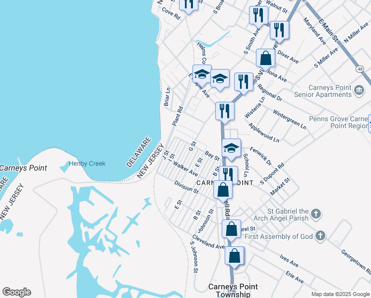 map of restaurants, bars, coffee shops, grocery stores, and more near 239 H Street in Carneys Point Township