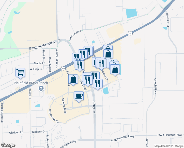 map of restaurants, bars, coffee shops, grocery stores, and more near 2673 East Main Street in Plainfield