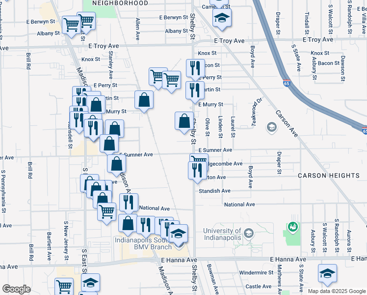 map of restaurants, bars, coffee shops, grocery stores, and more near 1024 East Sumner Avenue in Indianapolis