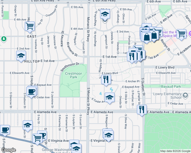 map of restaurants, bars, coffee shops, grocery stores, and more near 6598 East Lowry Boulevard in Denver