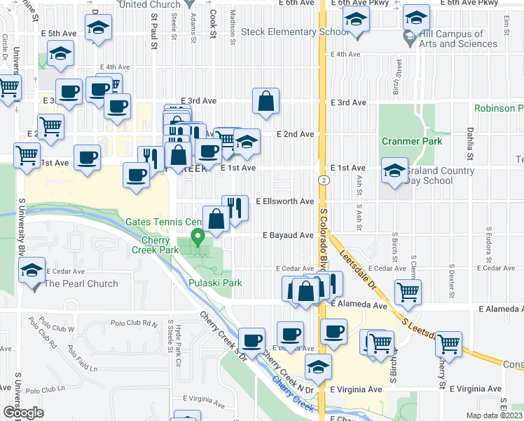 map of restaurants, bars, coffee shops, grocery stores, and more near 3650 East Ellsworth Avenue in Denver