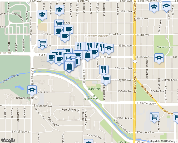 map of restaurants, bars, coffee shops, grocery stores, and more near in Denver