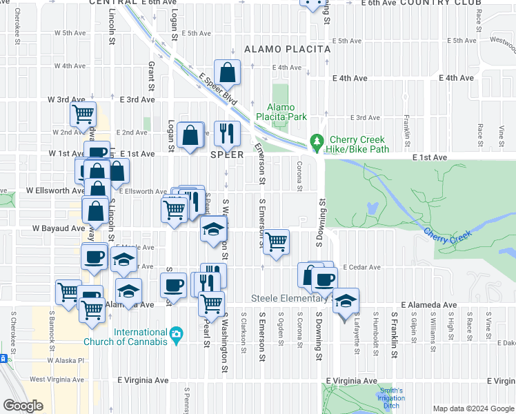 map of restaurants, bars, coffee shops, grocery stores, and more near 66 South Clarkson Street in Denver