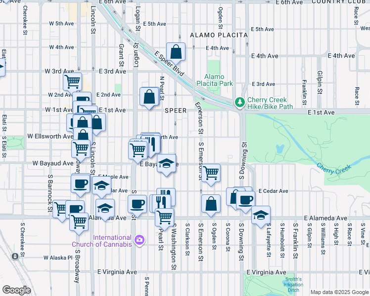 map of restaurants, bars, coffee shops, grocery stores, and more near 52 South Washington Street in Denver