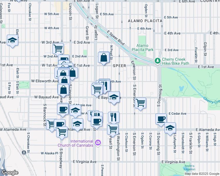 map of restaurants, bars, coffee shops, grocery stores, and more near 57 South Pearl Street in Denver