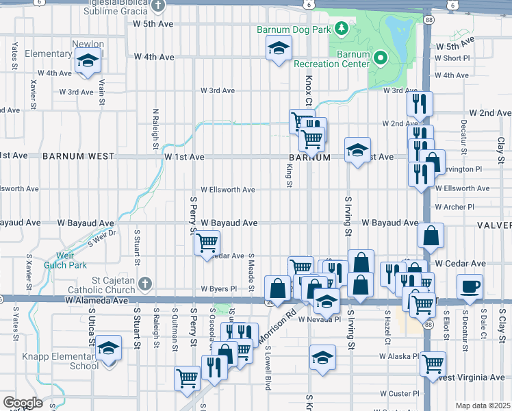 map of restaurants, bars, coffee shops, grocery stores, and more near 74 South Meade Street in Denver
