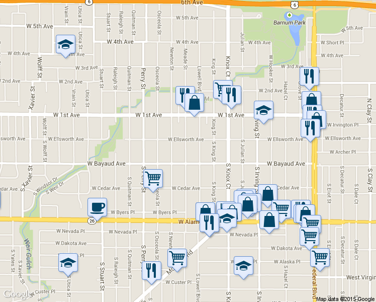 map of restaurants, bars, coffee shops, grocery stores, and more near 70 South Meade Street in Denver