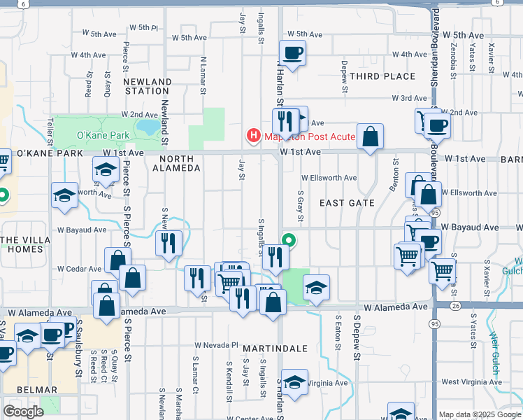 map of restaurants, bars, coffee shops, grocery stores, and more near 77 South Ingalls Street in Lakewood