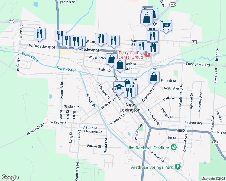 map of restaurants, bars, coffee shops, grocery stores, and more near 112 East Water Street in New Lexington