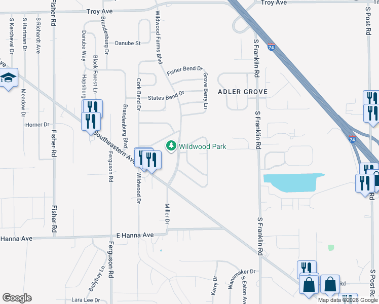 map of restaurants, bars, coffee shops, grocery stores, and more near 3633 Laurel Cherry Lane in Indianapolis