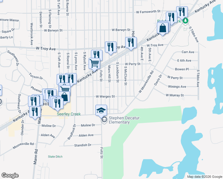 map of restaurants, bars, coffee shops, grocery stores, and more near 3246 Mars Hill Street in Indianapolis
