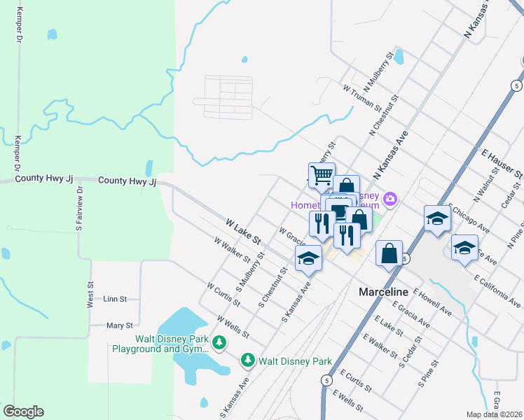 map of restaurants, bars, coffee shops, grocery stores, and more near 300-398 West Gracia Avenue in Marceline