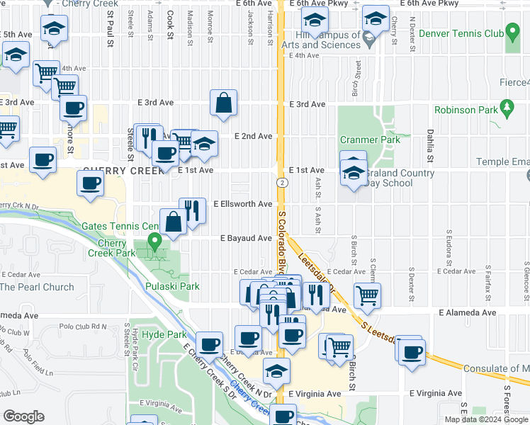 map of restaurants, bars, coffee shops, grocery stores, and more near 19 South Harrison Street in Denver
