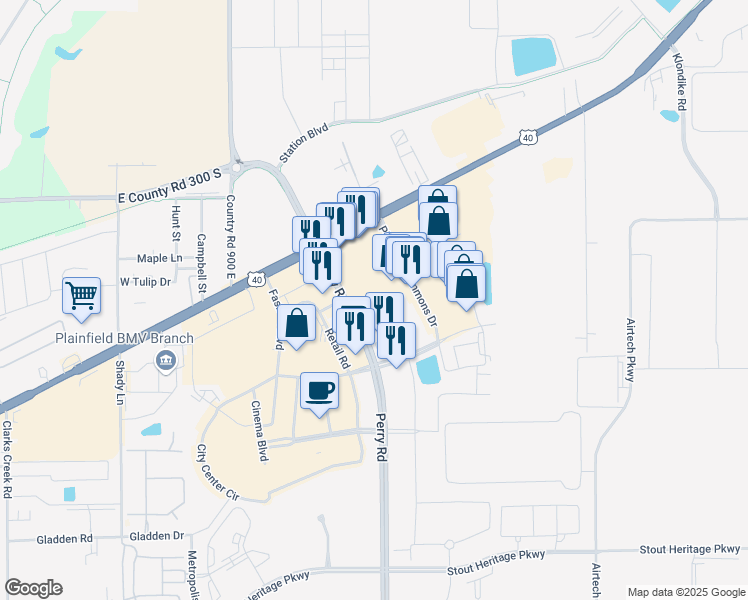 map of restaurants, bars, coffee shops, grocery stores, and more near 2673 East Main Street in Plainfield