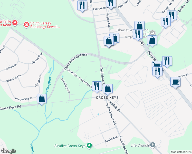 map of restaurants, bars, coffee shops, grocery stores, and more near 118 Tuckahoe Road in Washington Township