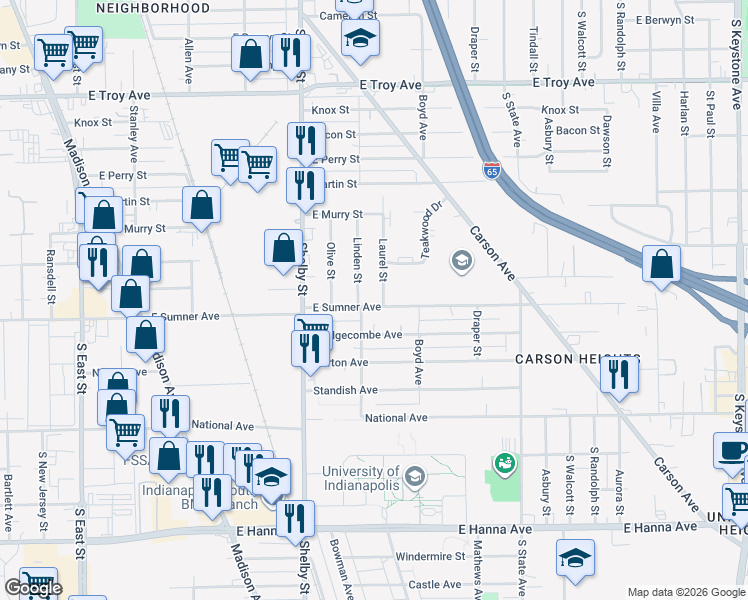 map of restaurants, bars, coffee shops, grocery stores, and more near 1312 East Sumner Avenue in Indianapolis