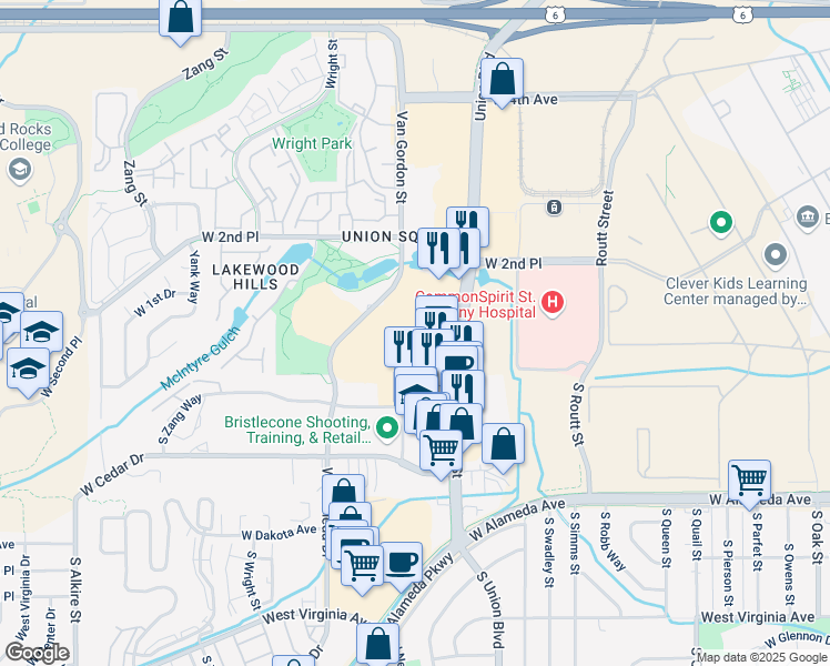 map of restaurants, bars, coffee shops, grocery stores, and more near 137 Union Boulevard in Lakewood